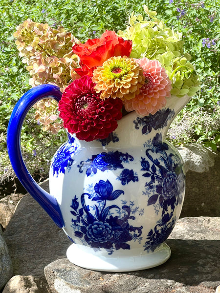 Vintage Blue Posy Pitcher Blue Flowers Bud Vase Cute Farm Creamer Pitcher  With Small Blue Flower Design Kitchen Decor 