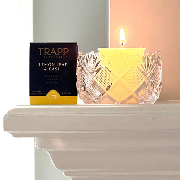 Lemon leaf and basil scented votive soy wax candle by Trapp private gardens No. 79