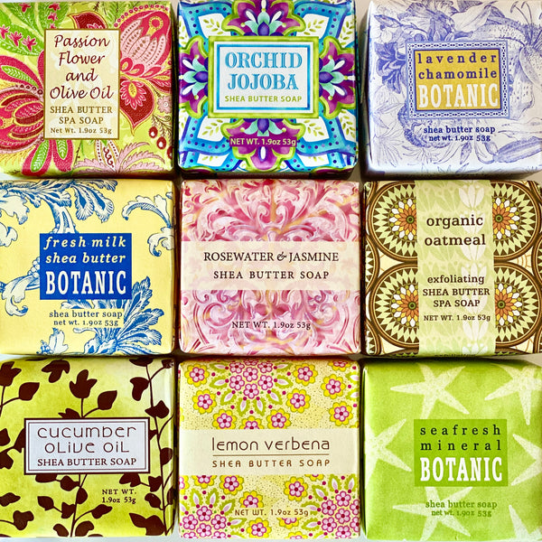 Greenwich Bay Trading Company soap bars including lavender chamomile seafresh mineral oatmeal cucumber olive oil passion fruit rosewater jasmine lemon verbena and fresh milk 