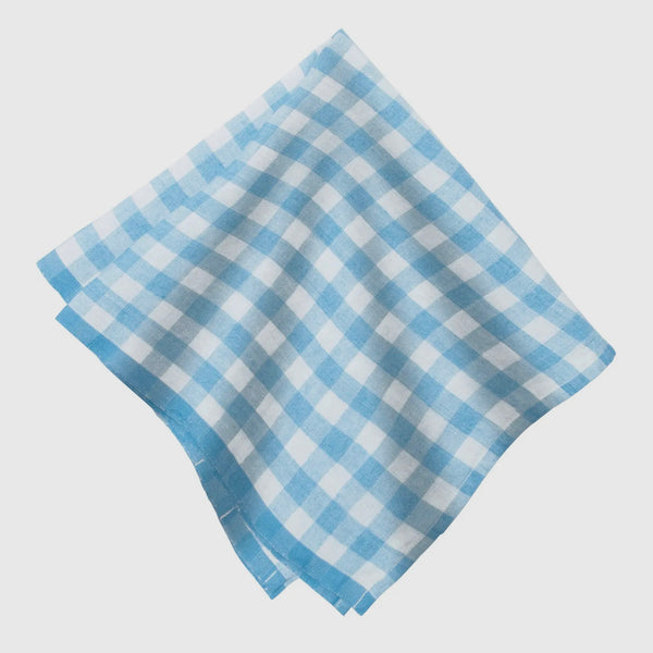 Belgian Linen Napkins in Sky Blue Plaid Set of 4