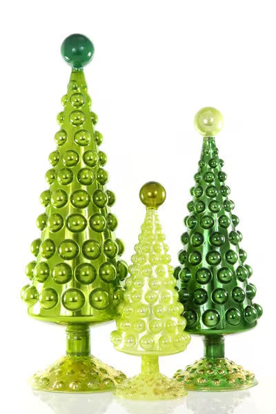 Hobnail Midcentury Modern Glass Trees in Green Set of 3