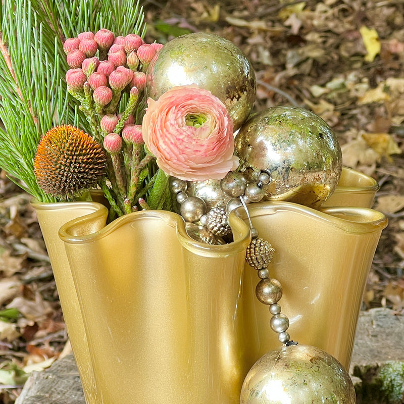 Large Wavy Bloom Vase in Metallic Matte Gold Glass Handblown in Italy