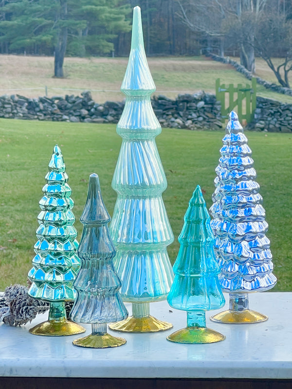 NEW! Set of 5 Art Glass Hue Trees in Snowfall Blues and Greens by Cody Foster