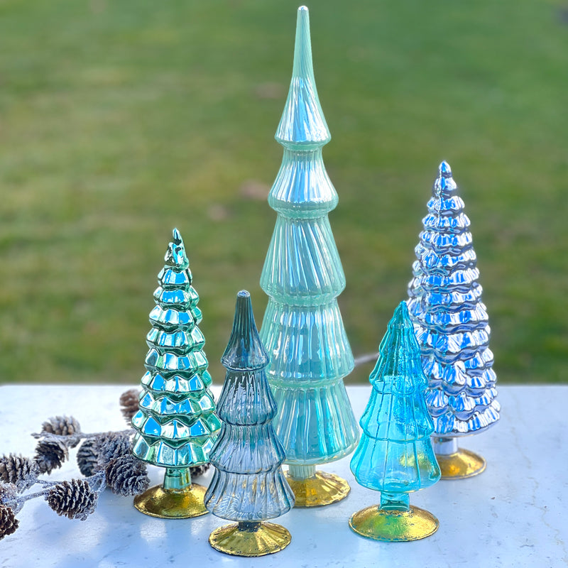 NEW! Set of 5 Art Glass Hue Trees in Snowfall Blues and Greens by Cody Foster