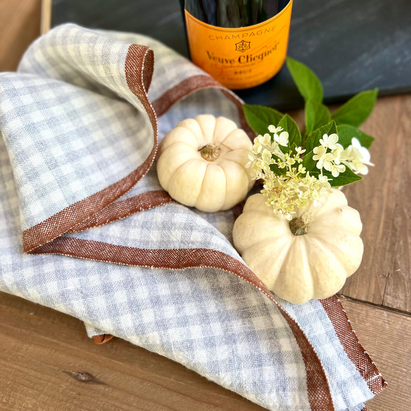 Gingham linen tea towel in blue gray 