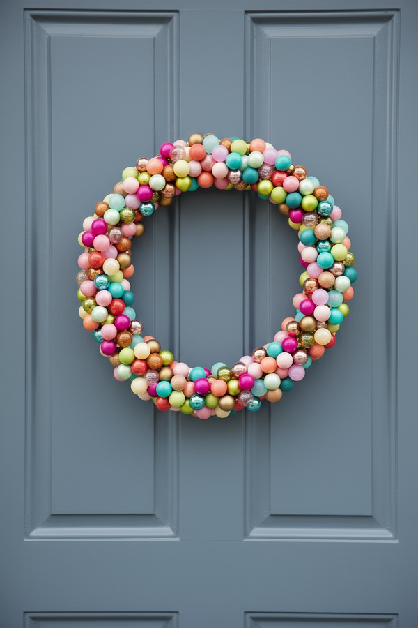 Colorful ball wreath n gray door 