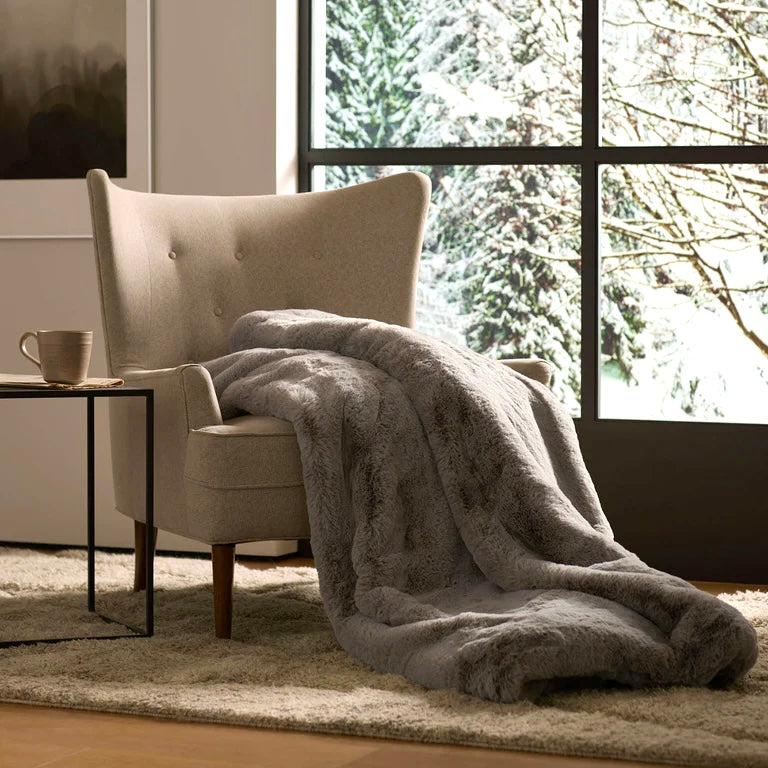 Luxe Faux Fur Throw Blanket in Gray Fox