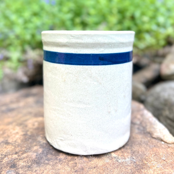 Vintage Stoneware Crock with Blue Stripe