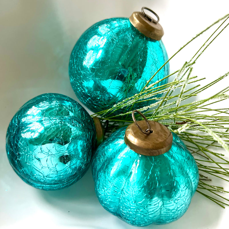 Vibrant Aqua Blue Holiday Ornament Mercury Glass Balls Set of 3