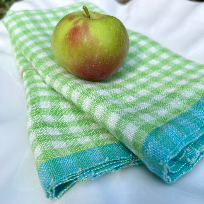 Gingham Linen Tea Towel in Apple Green & Aqua Blue