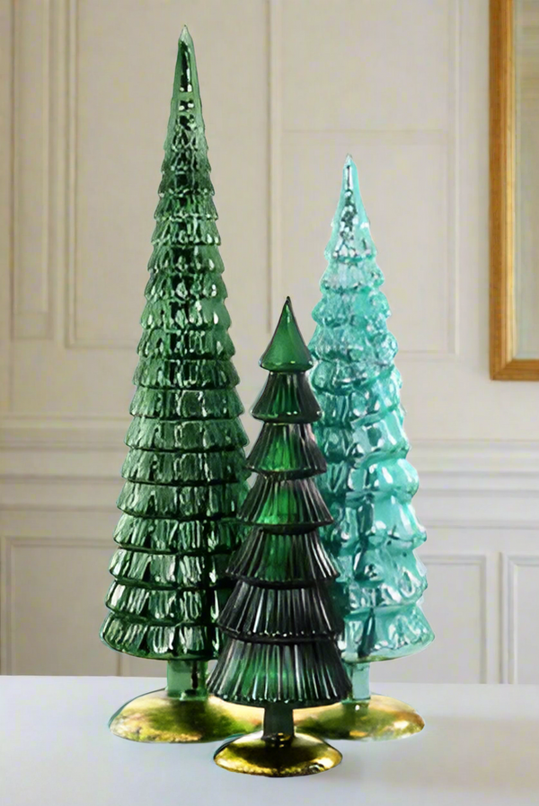 Glass Hue Trees in Teal Set of 3 Grand Size
