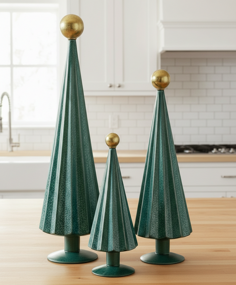 Pleated Glass Trees in Blue and Gold Set of 3