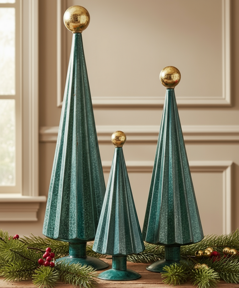 Pleated Glass Trees in Blue and Gold Set of 3