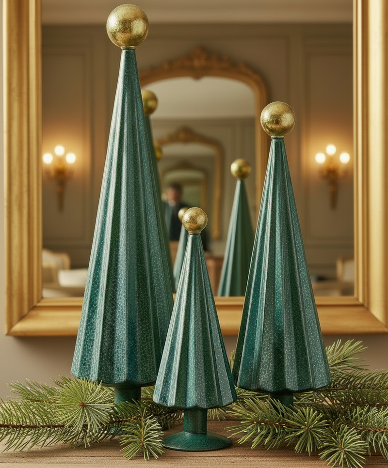 Pleated Glass Trees in Blue and Gold Set of 3