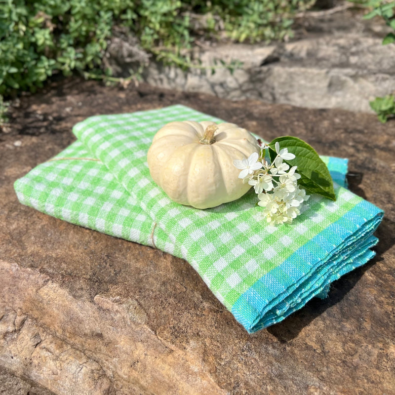 Gingham Linen Tea Towel in Apple Green & Aqua Blue