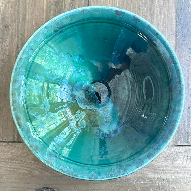 Handmade Artisan Signed Botanical Iridescent Green Pottery Bowl