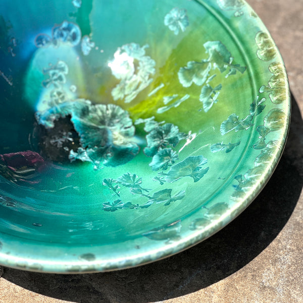 Handmade Artisan Signed Botanical Iridescent Green Pottery Bowl