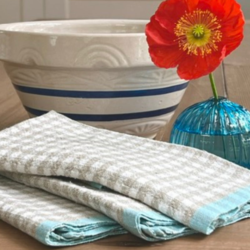 Gingham Linen Tea Towel in Sand & Aqua Blue