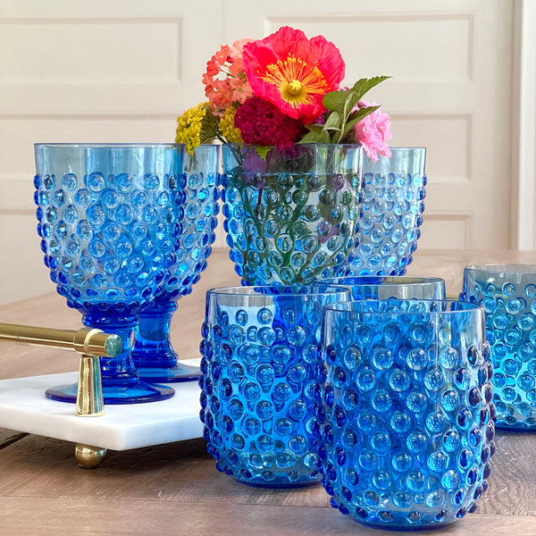Santorini Blue Shatterproof Premium Acrylic Hobnail Stemless Wine Glass Tumblers set of 4