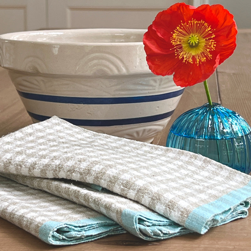 natural check with aqua edge linen napkins by Caravan