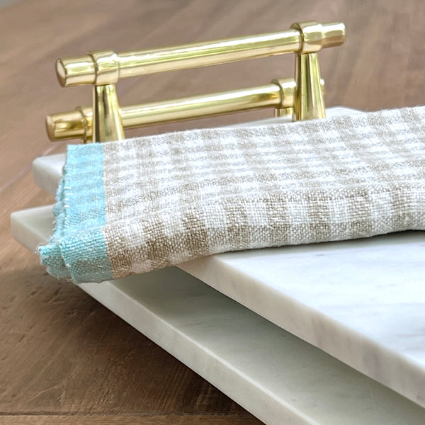 natural check with aqua edge linen tea towel by Caravan