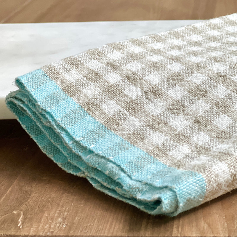 Toffee and Aqua Blue Check Heavyweight Linen Kitchen Towel by Caravan