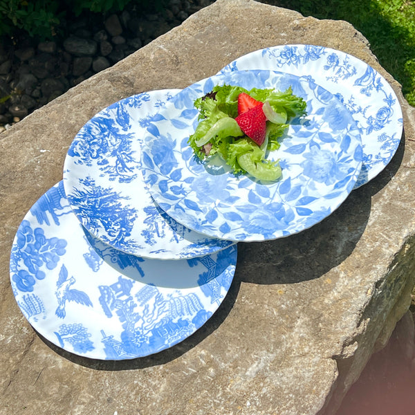 elegant blue and white chinoiserie melamine plates