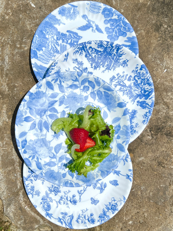 Blue and white melamine plates in toile