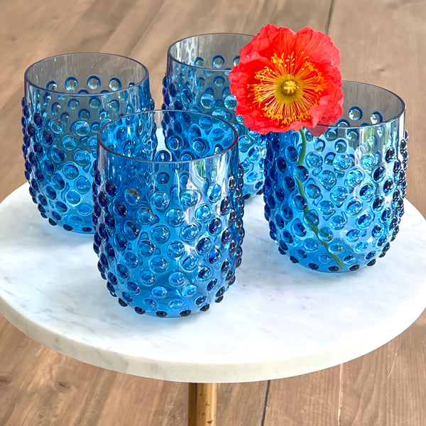 blue acrylic hobnail stemless wine glasses by Tar Hong