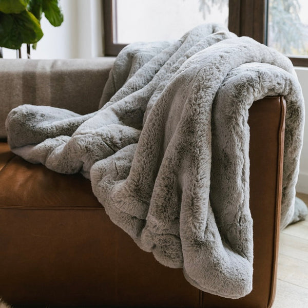 Faux fur throw blanket in grey