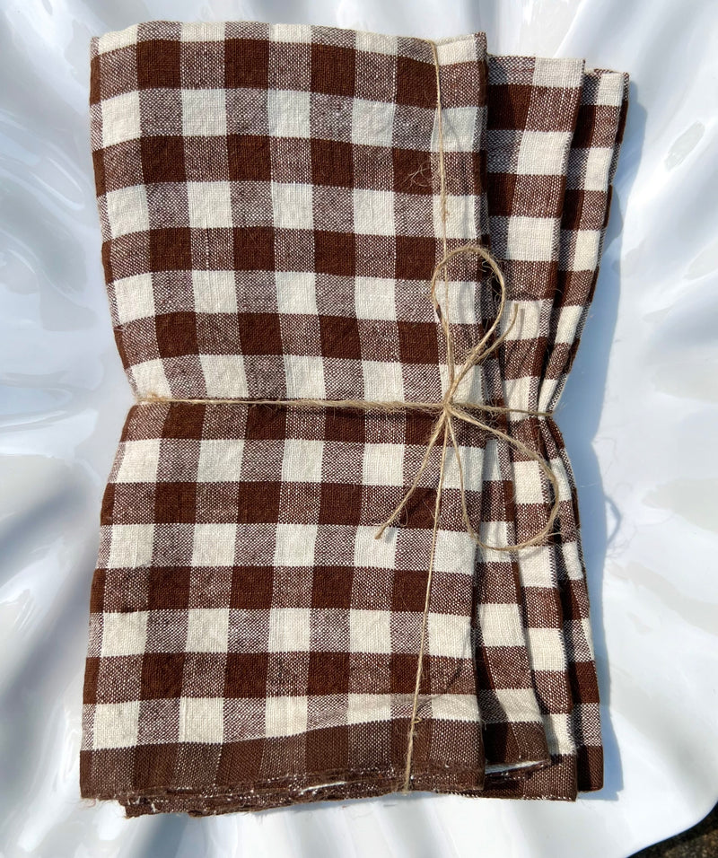 Belgian Linen Napkins in Chestnut Brown Plaid by Caravan Set of 4