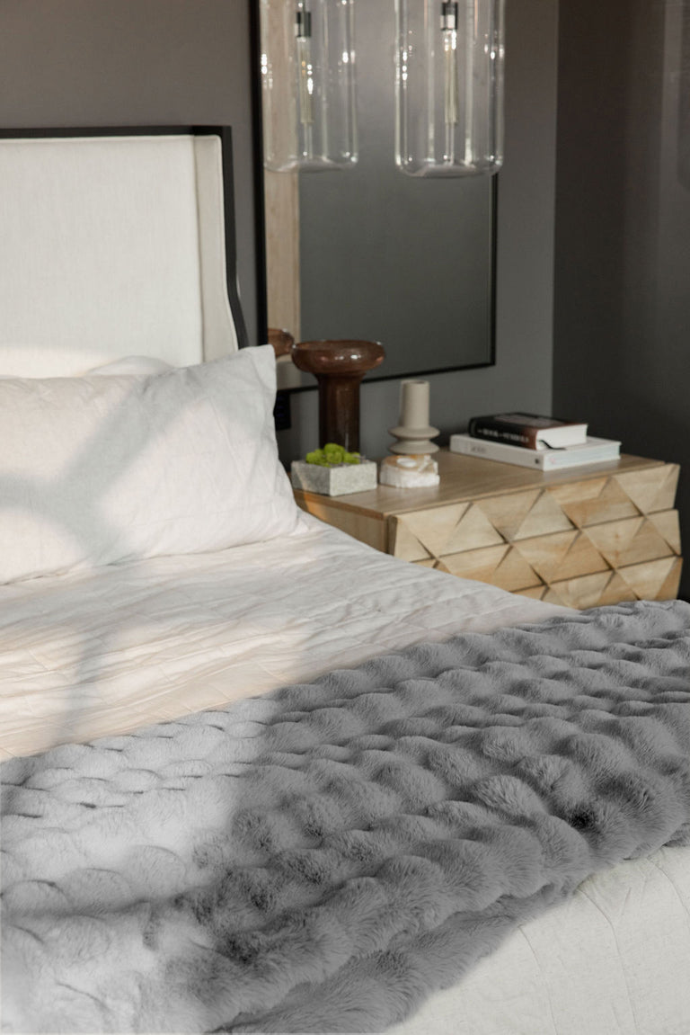 Luxe Faux Fur Bubble Throw Blanket in Gray Fox