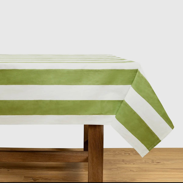 Green and white striped tablecloth 