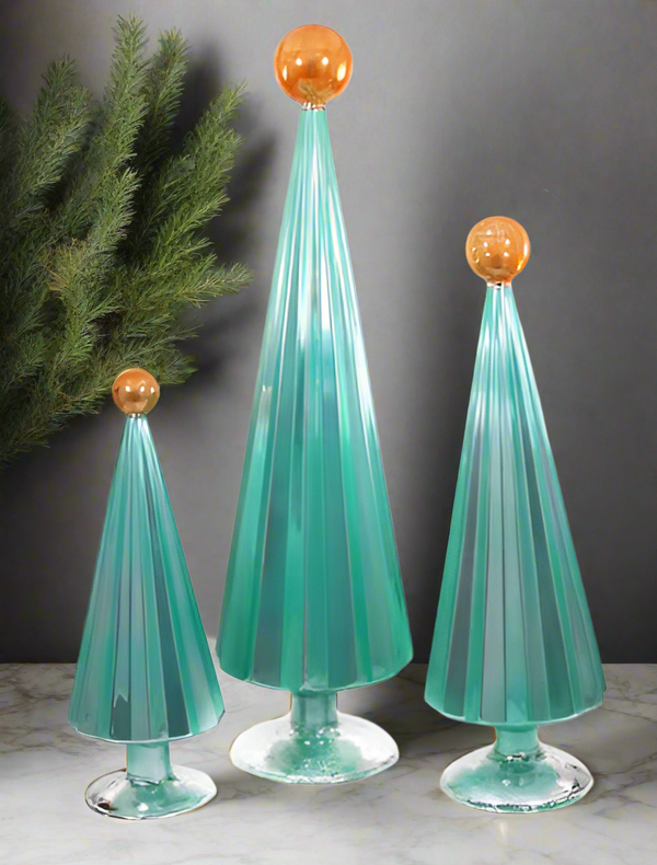 Pleated Glass Trees in Mint Green Set of 3