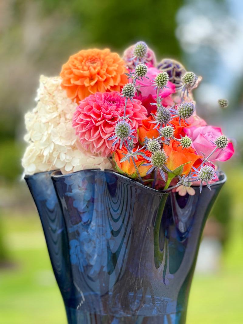 Large Wavy Bloom Vase in Luminous Navy Handblown in Italy