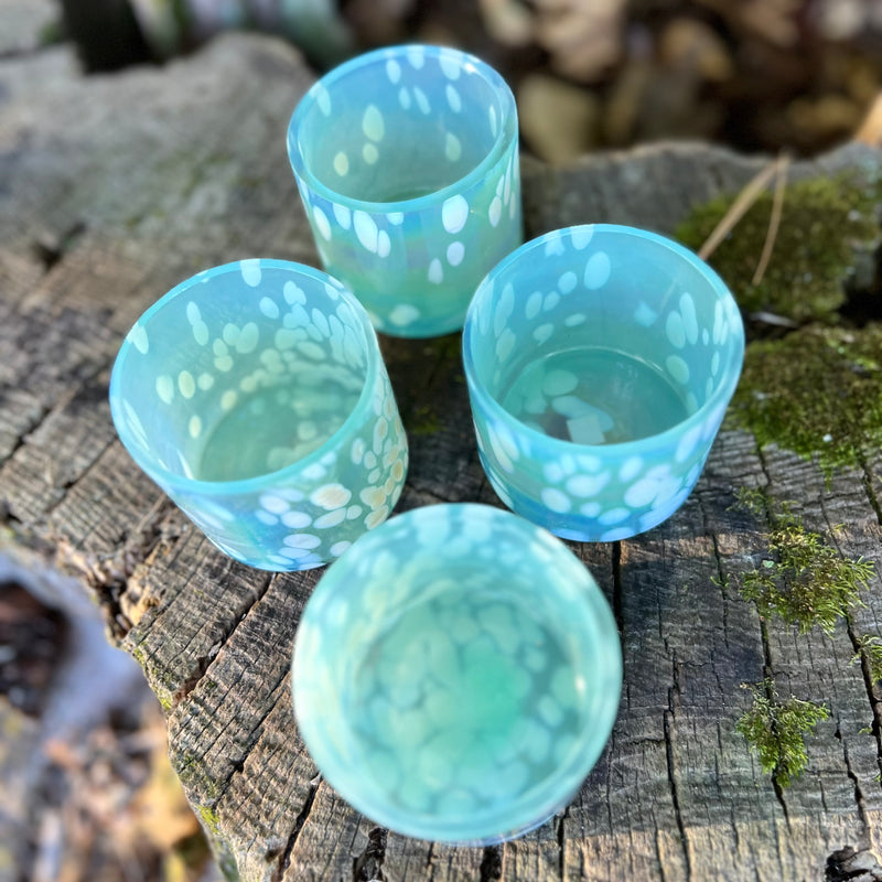 Mottled Glass Votive Holders in Aqua Blue Set of 4