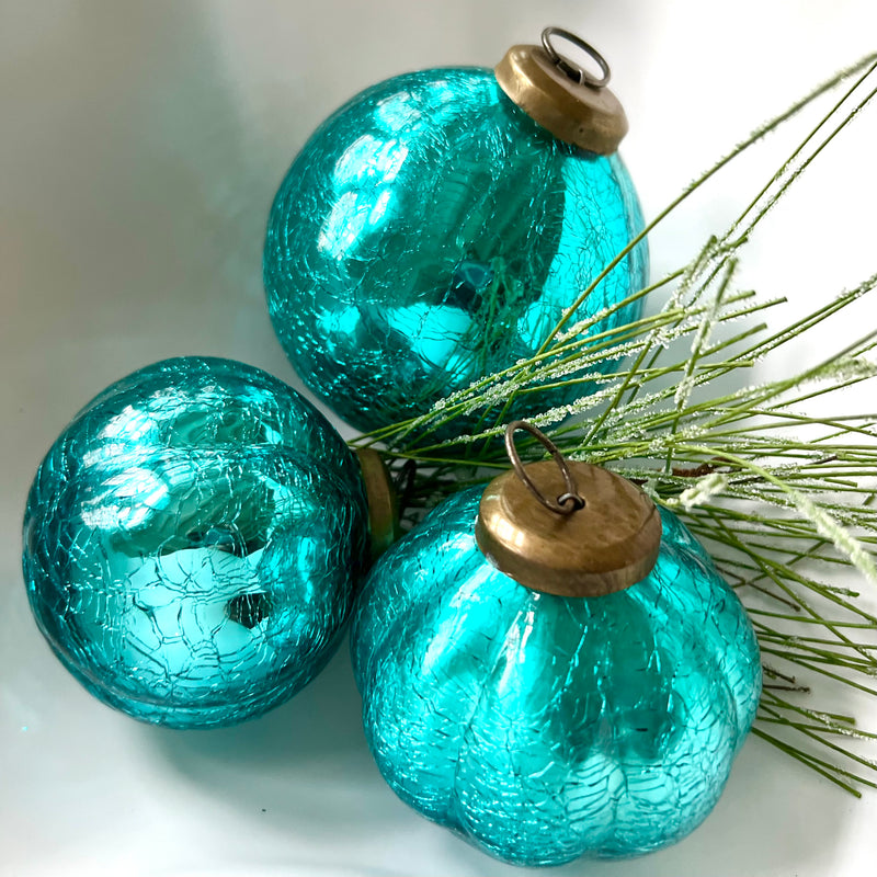 Vibrant Aqua Blue Holiday Ornament Mercury Glass Balls Set of 3