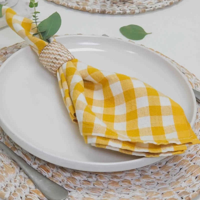 Belgian Linen Napkins in Mustard Yellow Plaid Set of 4