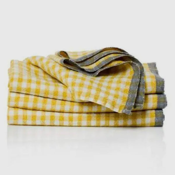 Gingham Linen Napkins in Honey Yellow & Gray by Caravan Set of 4