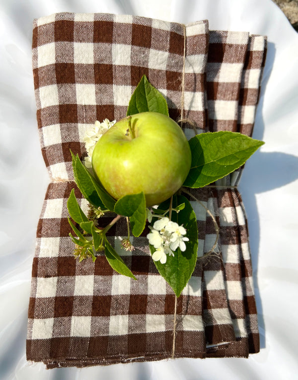 Belgian Linen Napkins in Chestnut Brown Plaid by Caravan Set of 4