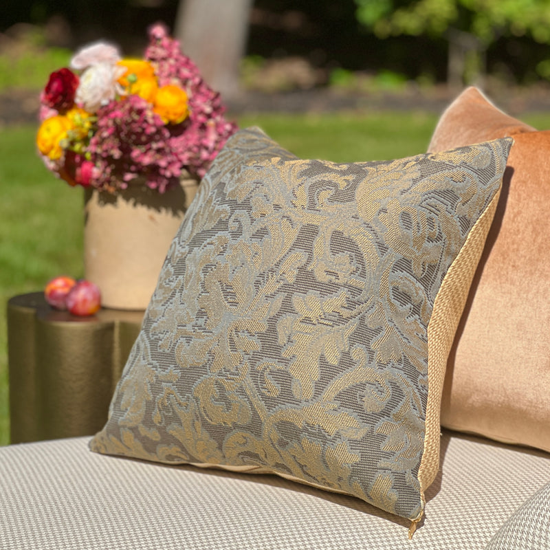 NEW! Ferdinand II Pewter Gray Slate Blue and Gold Damask Designer Reversible Pillow with Houndstooth Back by Dovecote Home