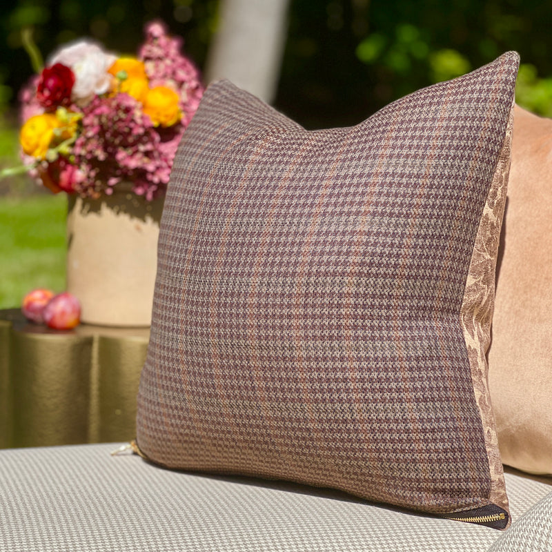 Last One! Gallant Fox II Amethyst and Camel Cut Chenille Scroll and Plaid Reversible Pillow