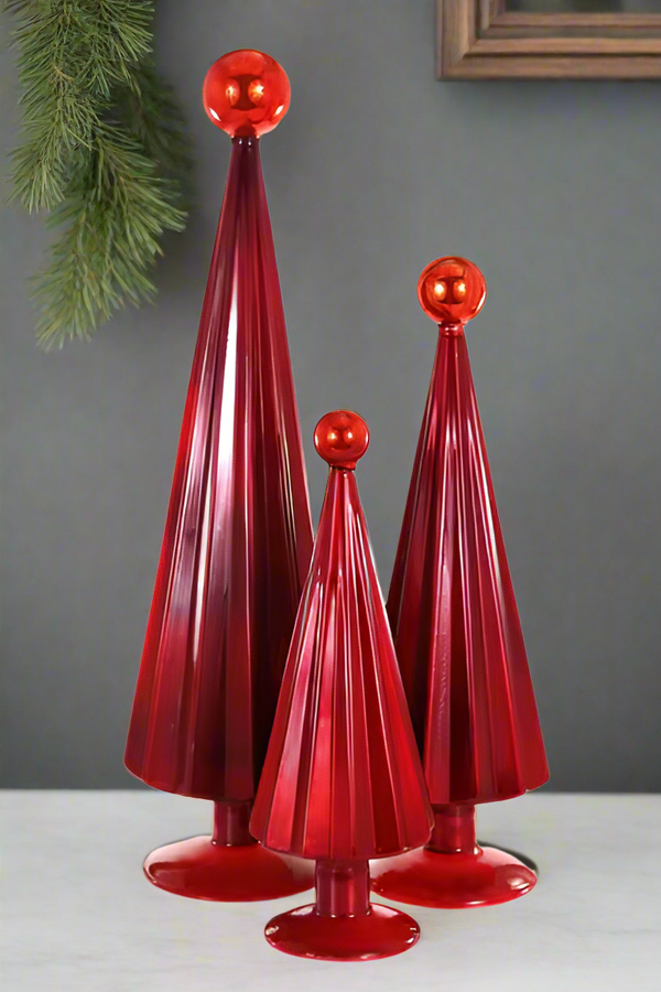 Pleated Glass Trees in Crimson Red Set of 3