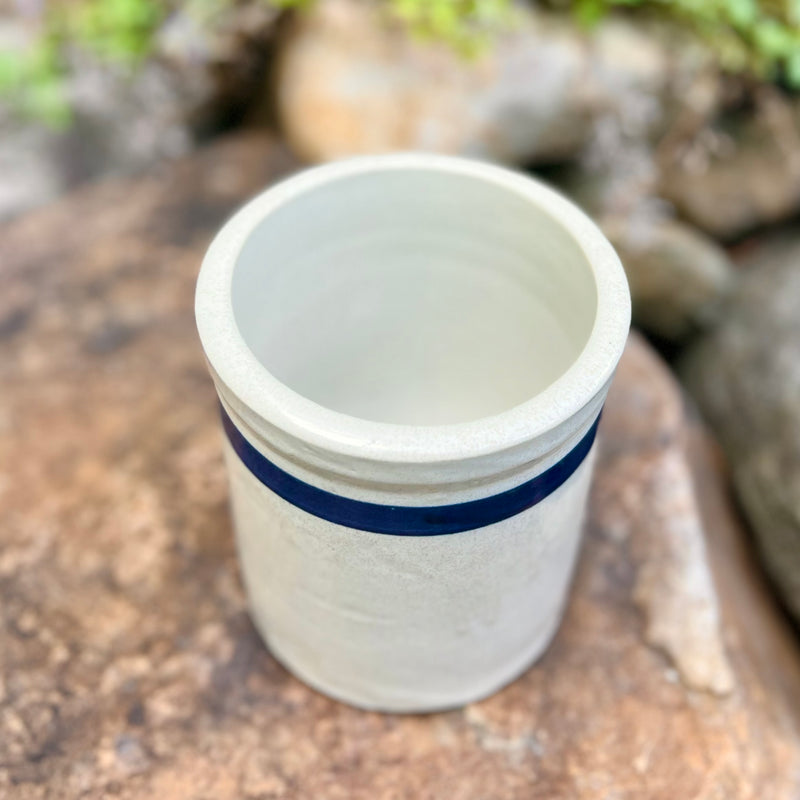 Vintage Stoneware Crock with Blue Stripe