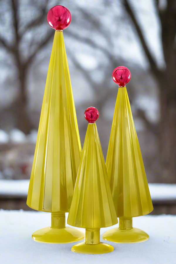 Pleated Glass Trees in Chartreuse Green Set of 3