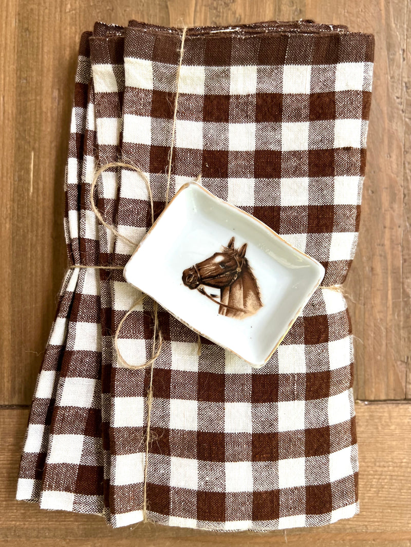 Belgian Linen Napkins in Chestnut Brown Plaid by Caravan Set of 4