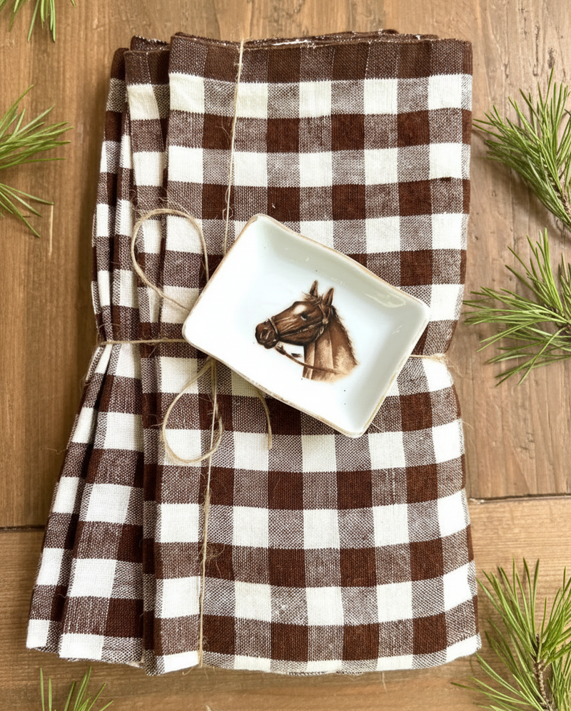 Belgian linen napkins in brown plaid 