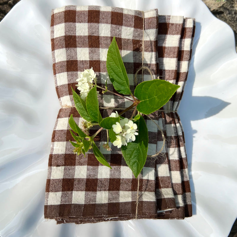 Belgian linen napkins in brown plaid