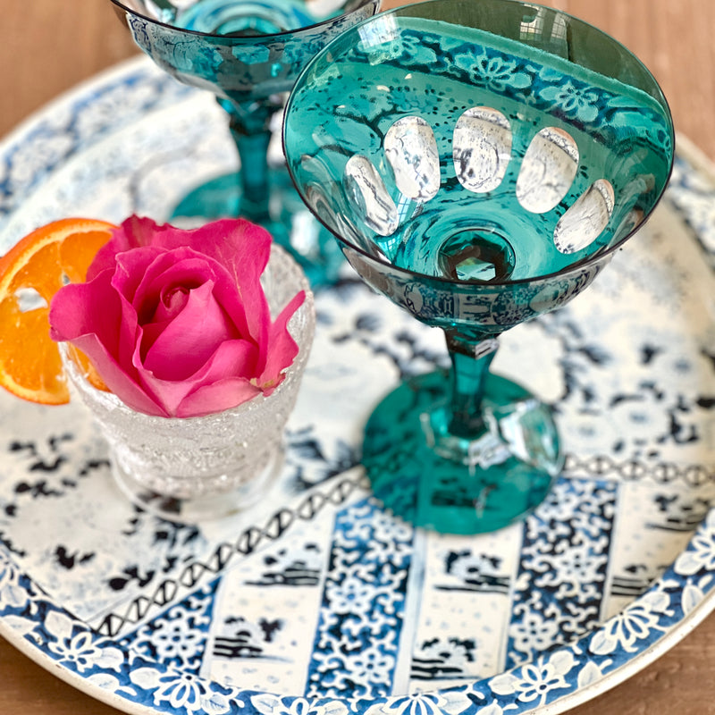 Vintage Blue Floral Metal Tray