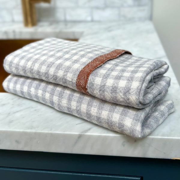 Gingham Linen Tea Towel in Blue Gray & Cinnamon
